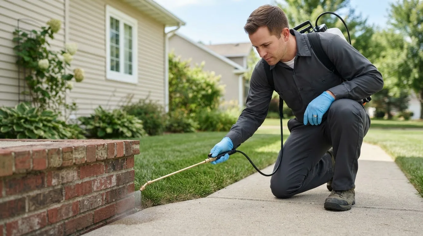 Pest control technician treating a home near Morrow, OH